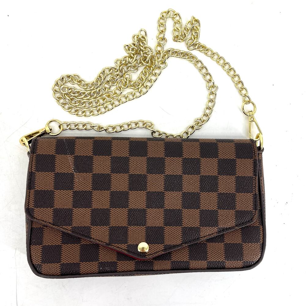 Unbranded Lux Brown Check Small Purse Long Gold Chain Red Lining Faux Leather